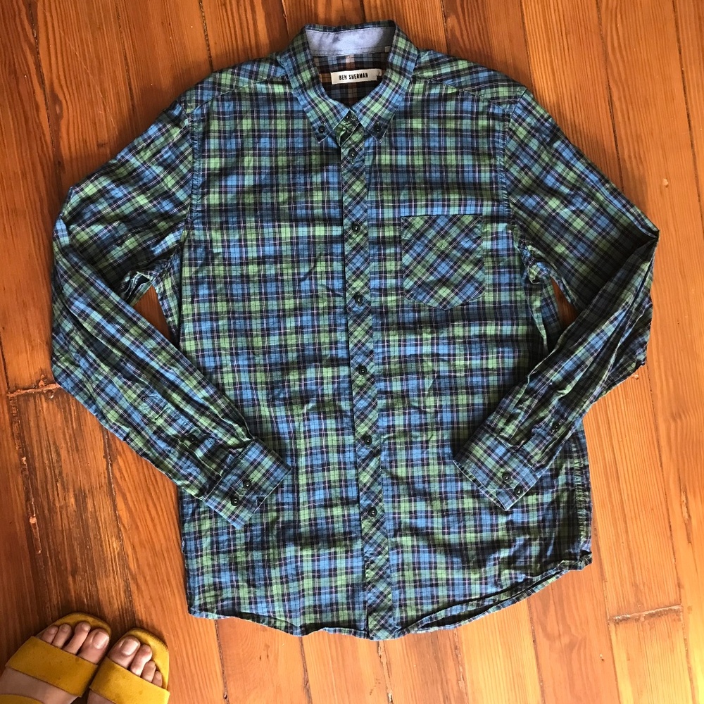 Ben Sherman Navy & Green Plaid Button-Down